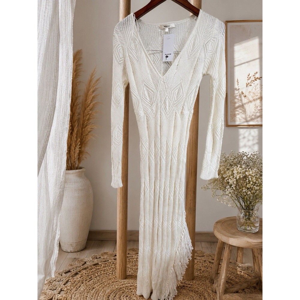 Lalavon Prinzzesa Boutique Crochet Maxi Dress Cream Small Fringe Boho Beach Lot